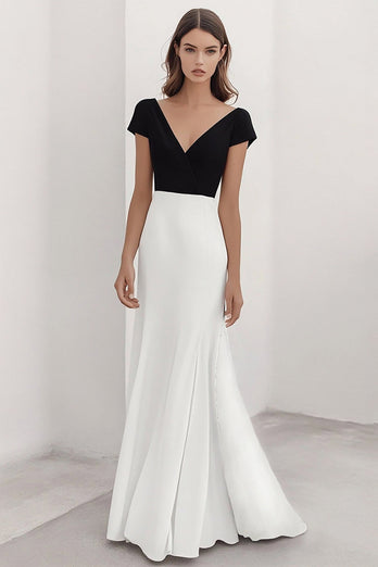 Black White A-Line V-Neck Satin Long Formal Dress with Sleeves