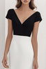 Load image into Gallery viewer, Black White A-Line V-Neck Satin Long Formal Dress with Sleeves