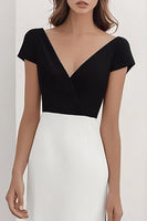 Load image into Gallery viewer, Black White A-Line V-Neck Satin Long Formal Dress with Sleeves