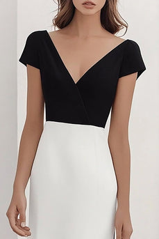 Black White A-Line V-Neck Satin Long Formal Dress with Sleeves