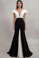 Load image into Gallery viewer, Black and White V-Neck Mermaid Satin Long Formal Dress