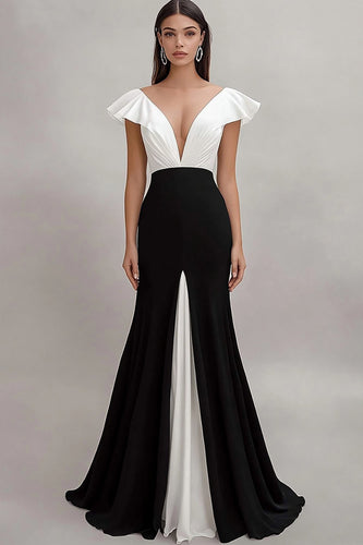 Black and White V-Neck Mermaid Satin Long Formal Dress