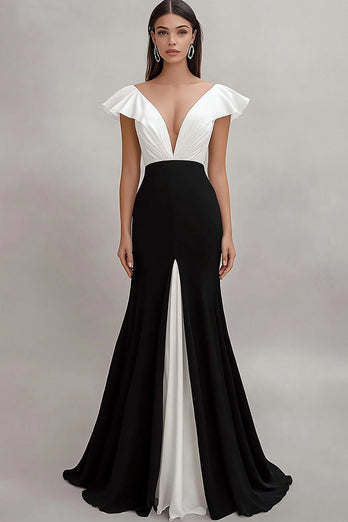 Black and White V-Neck Mermaid Satin Long Formal Dress