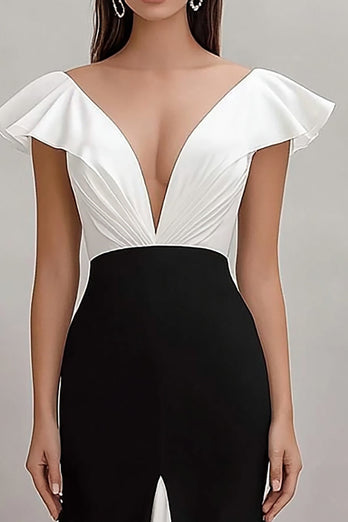 Black and White V-Neck Mermaid Satin Long Formal Dress
