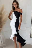 Load image into Gallery viewer, Black and White Mermaid Long Formal Dress with Ruffles
