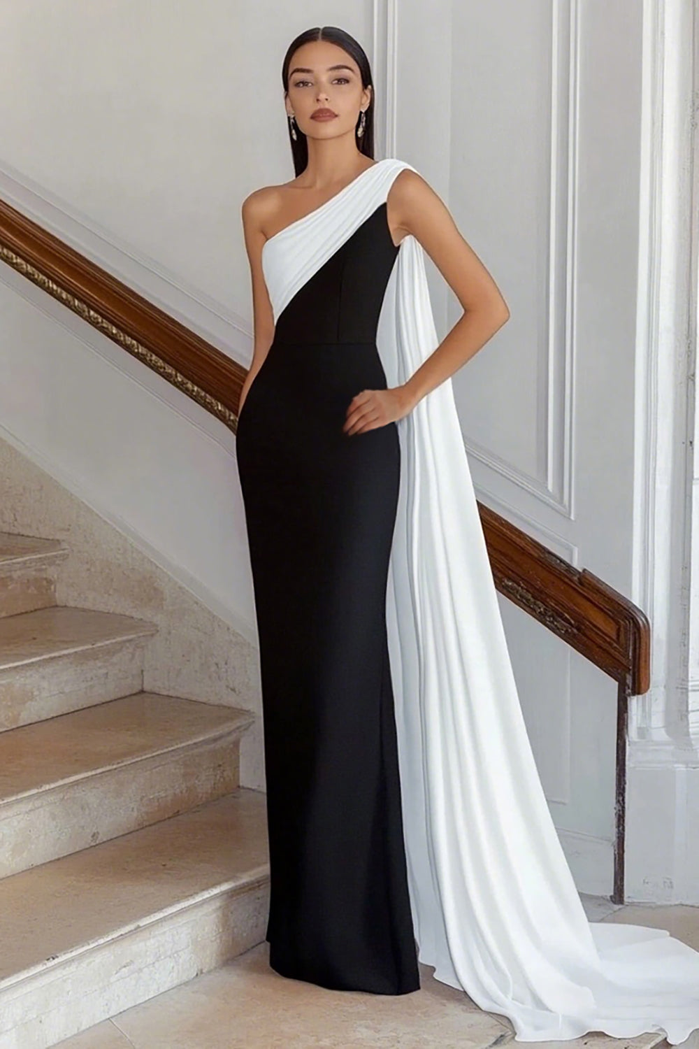 Black White One Shoulder Sheath Satin Long Formal Dress