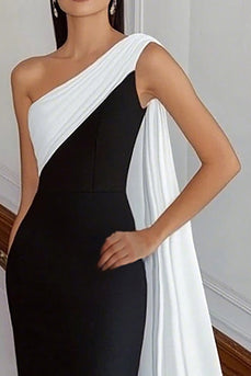 Black White One Shoulder Sheath Satin Long Formal Dress