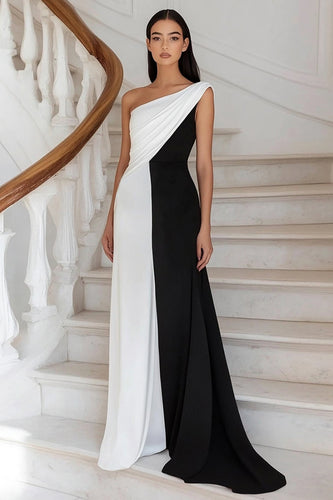 Black White Ruched One Shoulder Long Formal Dress
