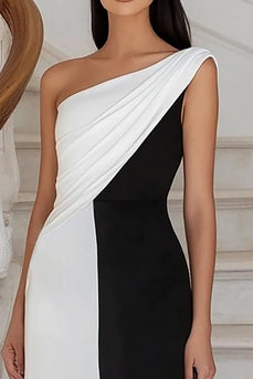 Black White Ruched One Shoulder Long Formal Dress
