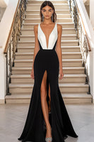 Load image into Gallery viewer, Black White Satin Sheath Long Formal Dress with Slit Deep V-Neck Sleeveless Evening Dress