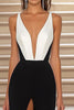 Load image into Gallery viewer, Black White Satin Deep V-Neck Long Formal Dress with Slit