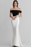 Load image into Gallery viewer, Black White Off the Shoulder Mermaid Satin Long Formal Dress