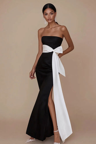 Black White Sheath Strapless Satin Long Formal Dress with Bow