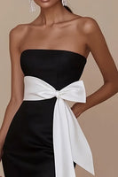 Load image into Gallery viewer, Black White Sheath Strapless Satin Long Formal Dress with Bow