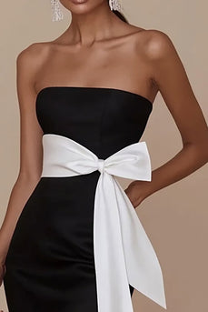 Black White Sheath Strapless Satin Long Formal Dress with Bow