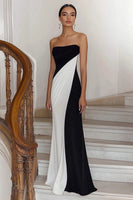 Load image into Gallery viewer, Black White Strapless Satin Sheath Long Formal Dress