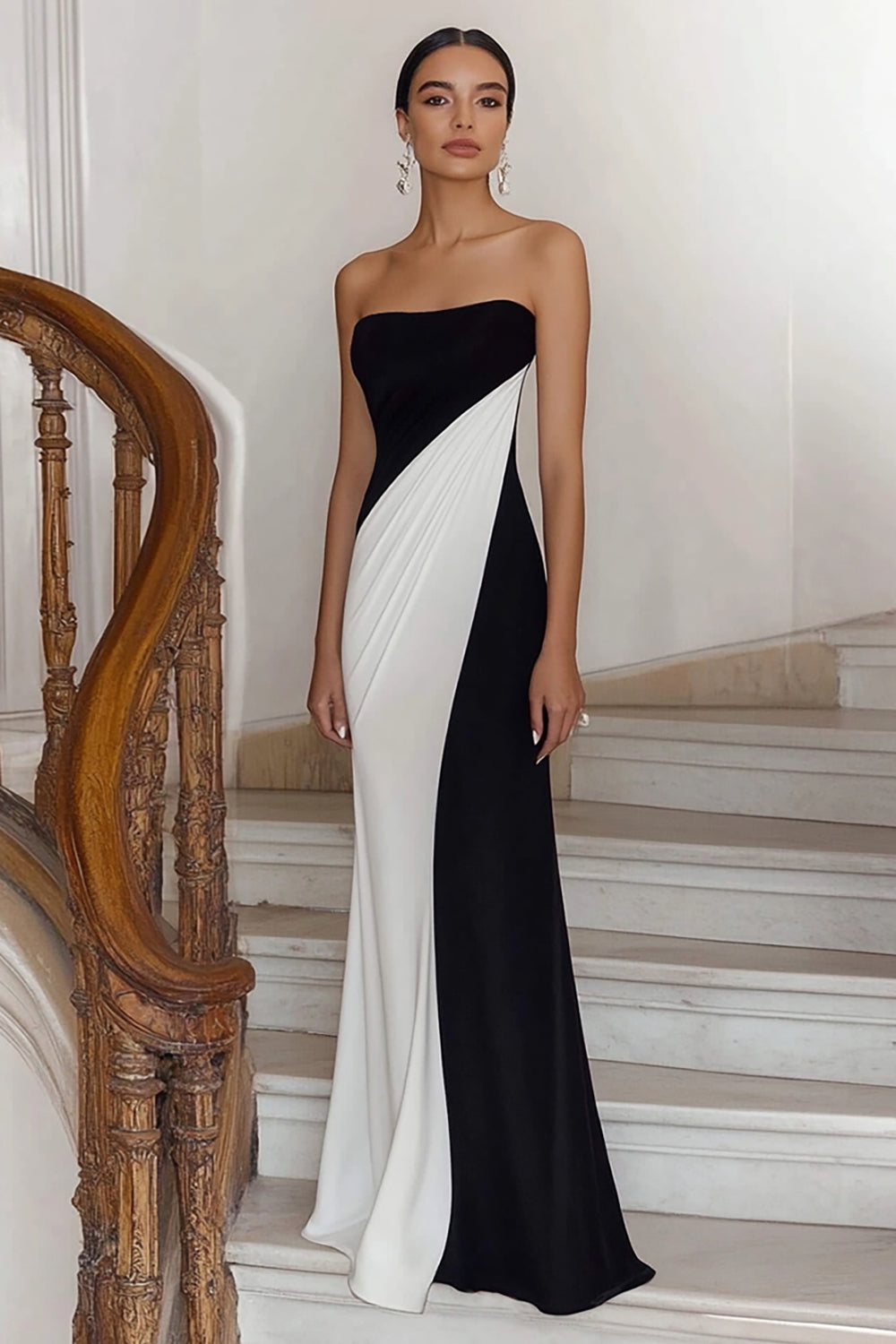 Black White Strapless Satin Sheath Long Formal Dress
