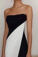 Load image into Gallery viewer, Black White Strapless Satin Sheath Long Formal Dress