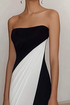 Black White Strapless Satin Sheath Long Formal Dress