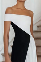 Load image into Gallery viewer, Black White A Line Off the Shoulder Long Formal Dress