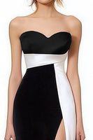 Load image into Gallery viewer, Black White Satin Sweetheart Long Formal Dress with Slit