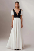 Load image into Gallery viewer, Black White A Line Deep V-Neck Long Formal Dress