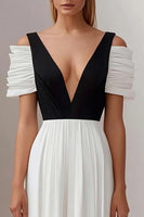 Load image into Gallery viewer, Black White A Line Deep V-Neck Long Formal Dress
