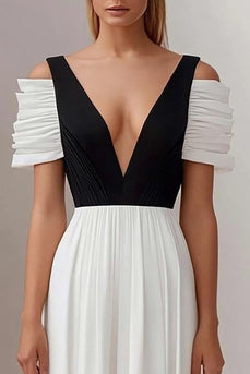 Black White A Line Deep V-Neck Long Formal Dress