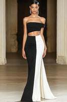 Load image into Gallery viewer, Black White Mermaid Off the Shoulder Satin Long Formal Dress