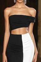 Load image into Gallery viewer, Black White Mermaid Off the Shoulder Satin Long Formal Dress