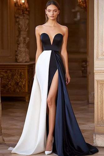 Navy White Sweetheart Satin A Line Long Formal Dress with Slit