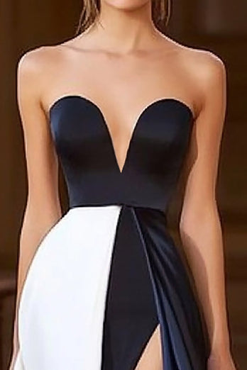 Navy White Sweetheart Satin A Line Long Formal Dress with Slit