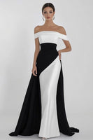 Load image into Gallery viewer, Black White Sheath Off the Shoulder Satin Long Formal Dress
