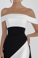 Load image into Gallery viewer, Black White Sheath Off the Shoulder Satin Long Formal Dress