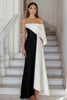 Load image into Gallery viewer, Black White Satin Strapless Sheath Long Formal Dress