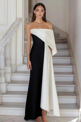 Black White Satin Strapless Sheath Long Formal Dress