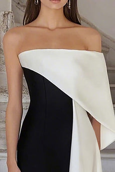 Black White Satin Strapless Sheath Long Formal Dress
