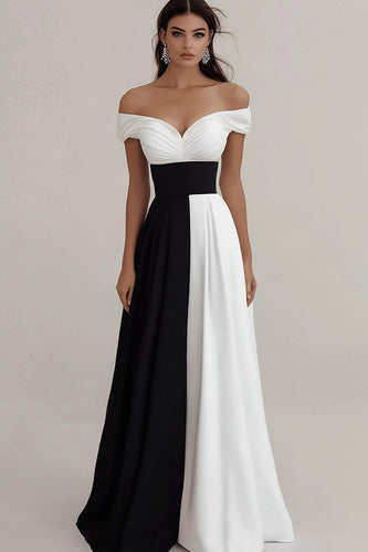 Black and White Off the Shoulder A Line Long Formal Dress