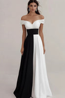 Load image into Gallery viewer, Black White A Line Off The Shoulder Satin Long Formal Dress