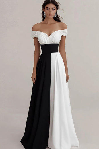 Black White A Line Off The Shoulder Satin Long Formal Dress