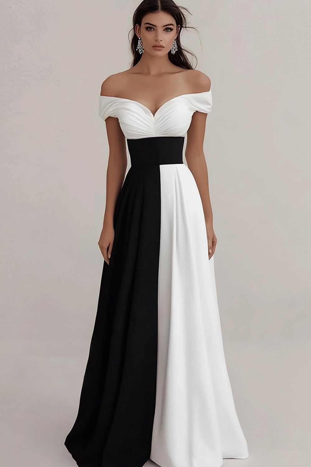 Black White A Line Off The Shoulder Satin Long Formal Dress