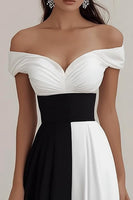 Load image into Gallery viewer, Black White A Line Off The Shoulder Satin Long Formal Dress