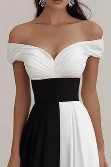 Black White A Line Off The Shoulder Satin Long Formal Dress