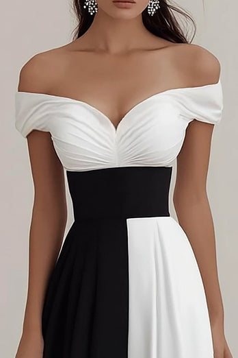 Black and White Off the Shoulder A Line Long Formal Dress