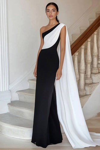 Black white Sheath One Shoulder Satin Long Formal Dress with Cape