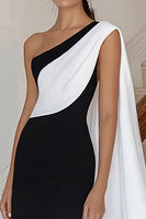 Load image into Gallery viewer, Black white Sheath One Shoulder Satin Long Formal Dress with Cape