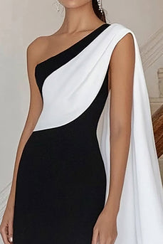 Black white Sheath One Shoulder Satin Long Formal Dress with Cape