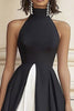 Load image into Gallery viewer, Black White A Line High Neck Satin Long Formal Dress