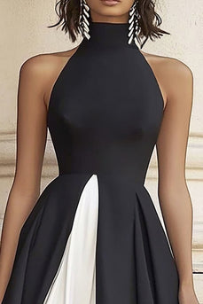 Black White A Line High Neck Satin Long Formal Dress