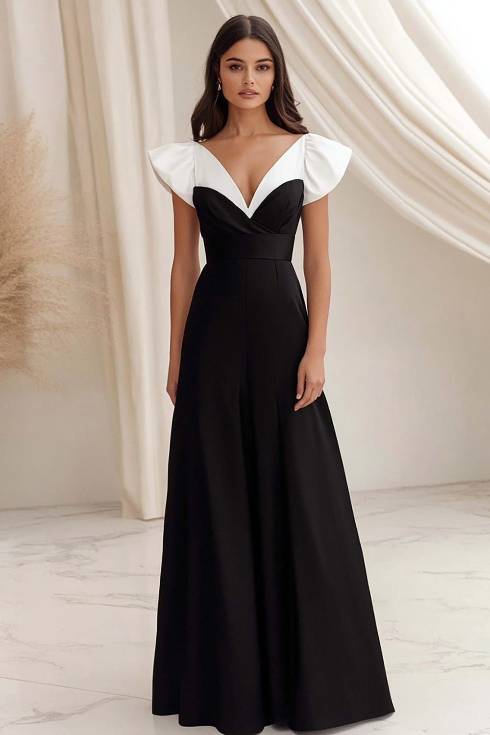 Black White A Line V-Neck Satin Long Formal Dress with Short Sleeves